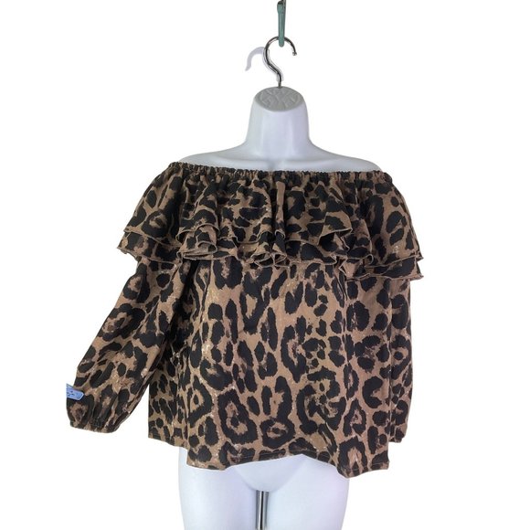 Viv's Women's Size L Off Shoulder Brown Animal Print Flounce Top - Picture 3 of 7